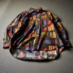 90s 総柄 コットンシャツ 長袖 アート柄 幾何学柄 柄シャツ　昭和レトロ