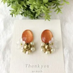 No.25　オレンジカボションとパール　ピアス/イヤリング　レジン　ハンドメイド