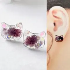 猫ちゃんピアス　レジン　ハンドメイド　パープル　サージカルステンレス
