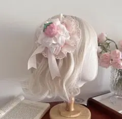ピンク いちご の ヘアクリップ 帽子風 ヘッドドレス ロリータ ヘアアクセ