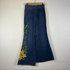 刺繍デザイン デニム フレアパンツ レディースS 花柄 ブーツカット Y2K