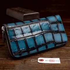 実物撮影 一枚革 クロコダイル ブルー メンズ 長財布 ラウンド
