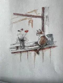 窓辺の猫と花の水彩画nan-263