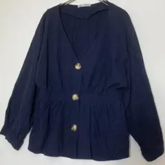 ZARA trf リネン混 Vネック ペプラム　ノーカラージャケット　ネイビー