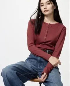 UNIQLO リブヘンリーネックT レッド L