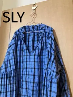 SLY スライ ブルー✖️ブラック チェック 長袖ブラウス パフスリーブ シャツ