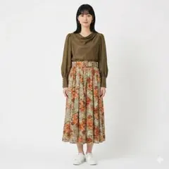 70's　昭和　レトロ　スカート　花柄　プリーツ　太ベルト　古着　ヴィンテージ