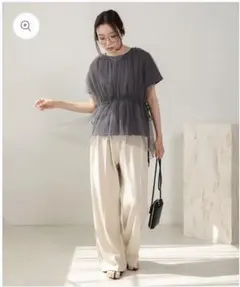 Bab グレー チュール ドッキングギャザーカットソー