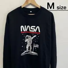 USA古着　スウェット　M　ブラック　黒　パイル　プリント　NASA　宇宙　ロゴ