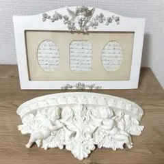 【アンティーク風】エンジェル装飾 フォトフレーム 写真立て＆壁掛け棚 セット