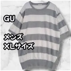 S0137　ジーユー　ボーダー半袖ニット　オーバーサイズ　グレー×ホワイト　XLのサムネイル