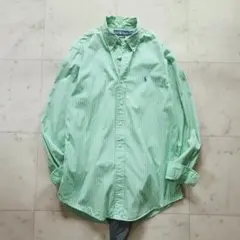 ラルフローレン 長袖シャツ ポニー刺繍 綿100% ストライプ 黄緑×白