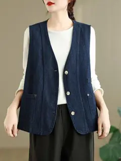 人気新作 春秋物 着痩せ Vネック プリント デニムベスト チョッキ おしゃれ