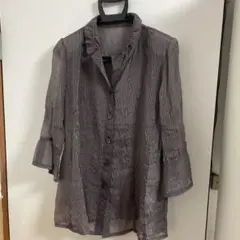 紫色 ストライプ 五分袖シャツ Lサイズ