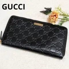 美品✨️グッチ 長財布 ラウンドジップ GGシマ レザー ロゴプレート ブラック