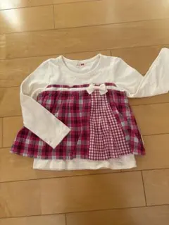 KP ニットプランナー　長袖カットソー ホワイト・ピンク チェック柄