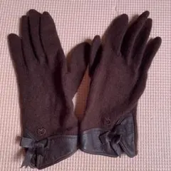 ブラウン ウール レザー 手袋 リボン付き