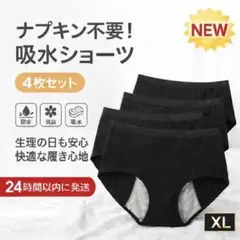 【4枚セット】吸水ショーツ XL ブラック 生理用 サニタリーショーツ 尿漏れ
