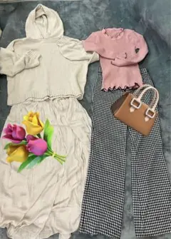 コーデ4点セット 白ニット×ロング ピンクトップス×千鳥パンツ 可愛い系 美品