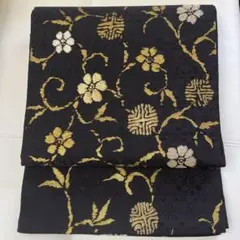 ★お値下げ★ 黒地 花柄 金糸刺繍 正絹袋帯 お太鼓柄