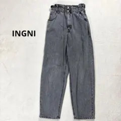 【イング】FREE ハイウエストデニムパンツ ウエストゴム くすみブラック