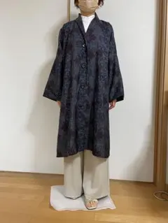 着物リメイク 紬 正絹 スプリング コート マキシ 羽織 ハンドメイド 