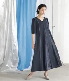 【新品・タグ付き】大きいサイズ カラルスフロントレースプリーツ ネイビー ドレス