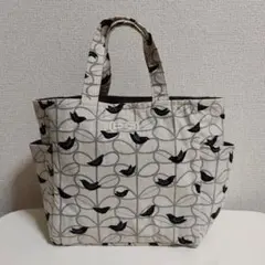 サイドポケット付きトートバッグ 小鳥と葉っぱ柄