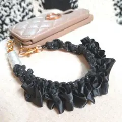 パラコード スマホストラップ ハンドストラップ 黒 パール フリル