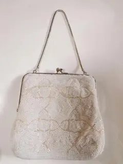 和服　和装　着物に♡ 総ビーズレトロがま口バッグ ハンドバッグパーティーバッグ白