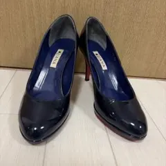 【美品】DIANA パンプス 24cm ネイビー エナメル ヒール8cm 通勤
