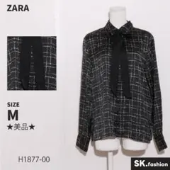 ★美品★ ZARA トップス　ブラウス　長袖　ボウタイ　チェック柄 　ブラック