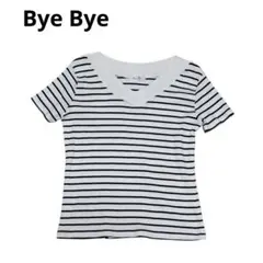 Bye Bye ボーダー Vネック 半袖リブ編み Tシャツのサムネイル