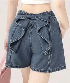 Lサイズ リボン付きデニムショートパンツ ダークブルー