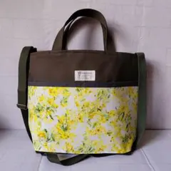 【カーキ × ミモザ柄】２wayハンドメイドショルダーバッグ