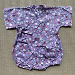 【美品】ベビー甚平 80 日本製 紫色 いちご リボン 花柄 女の子 夏服