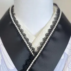 黒フリルパール重ね襟　成人式振袖　レース半衿フリル伊達襟卒業式袴　浴衣着物