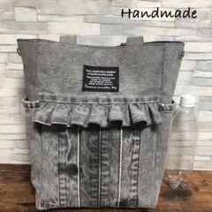 デニムリメイク☆サイドポケット付き縦長トートバッグ フリル♡