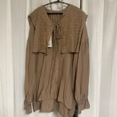 ブラウン レース襟 長袖シャツ L
