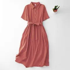 Aラインワンピース 気質 無地＆シンプル 前ボタン ゆったり レトロデザイン