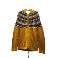 ノルディック柄 ニットパーカー ジップアップ マスタード ブラウン フーディ