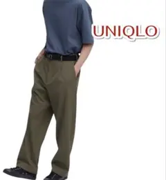 【美品】UNIQLO メンズ タックワイドパンツ/丈長め L オリーブ