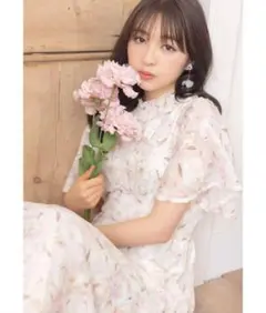 フラワープリント×ジャガード×金刺繍フレアスリーブシャーリングワンピー