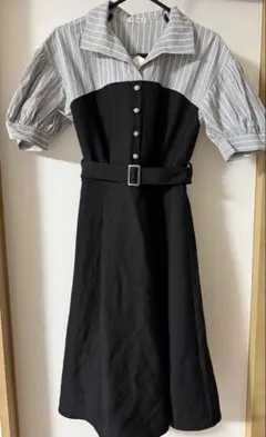 axes femmeの黒とストライプの半袖膝丈ワンピース