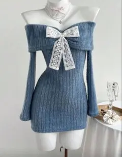 オフショルダー ブルーニットワンピース L