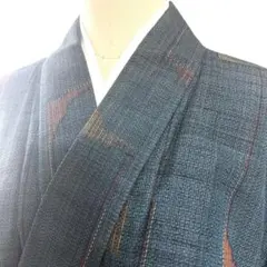 6k1144 着物　正絹　単衣　紬　紺　青　赤　茶色　柄物　和装のサムネイル