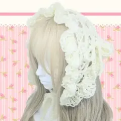 ハンドメイド　バブーシュカ　フリル　アイボリー　リボン　ヘッドドレス　ボンネット
