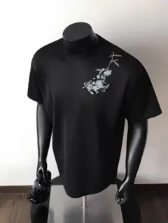 新品未使用メンズ青い花蝶刺繍半袖Tシャツアメカジレトロ夏ゆったり着回しブラック