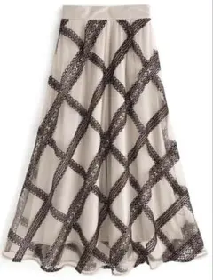 GRL レース刺繍チェック柄フレアスカート tu507 オフベージュ Sサイズ