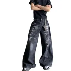 極太　バギーデニム ワイドデニム　黒 L Y2Kストリート系　ダメージ加工